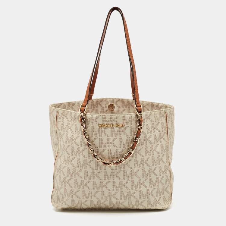 Pre Owned MICHAEL Michael Kors White/Brown Signature Coated Canvas and Leather Shopper Tote