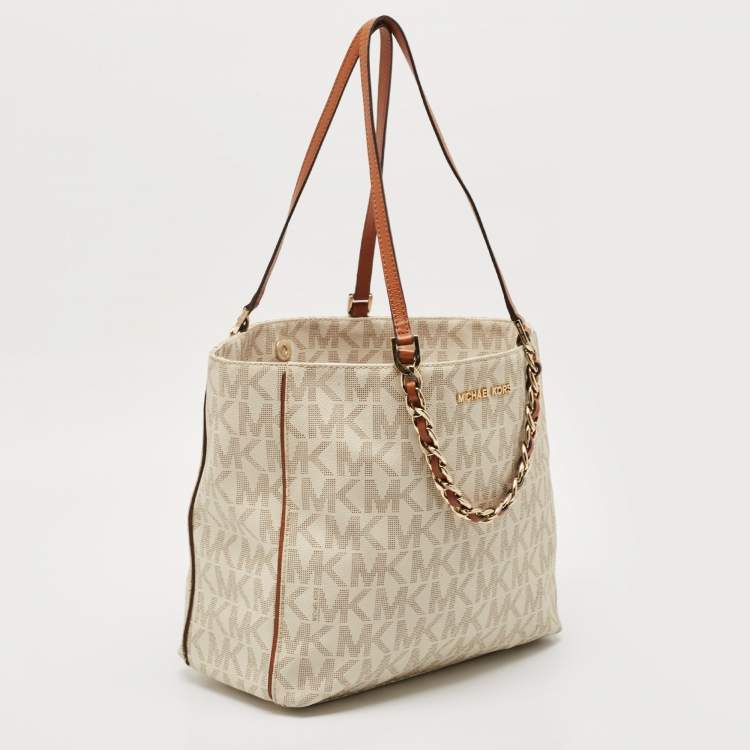 Pre Owned MICHAEL Michael Kors White/Brown Signature Coated Canvas and Leather Shopper Tote