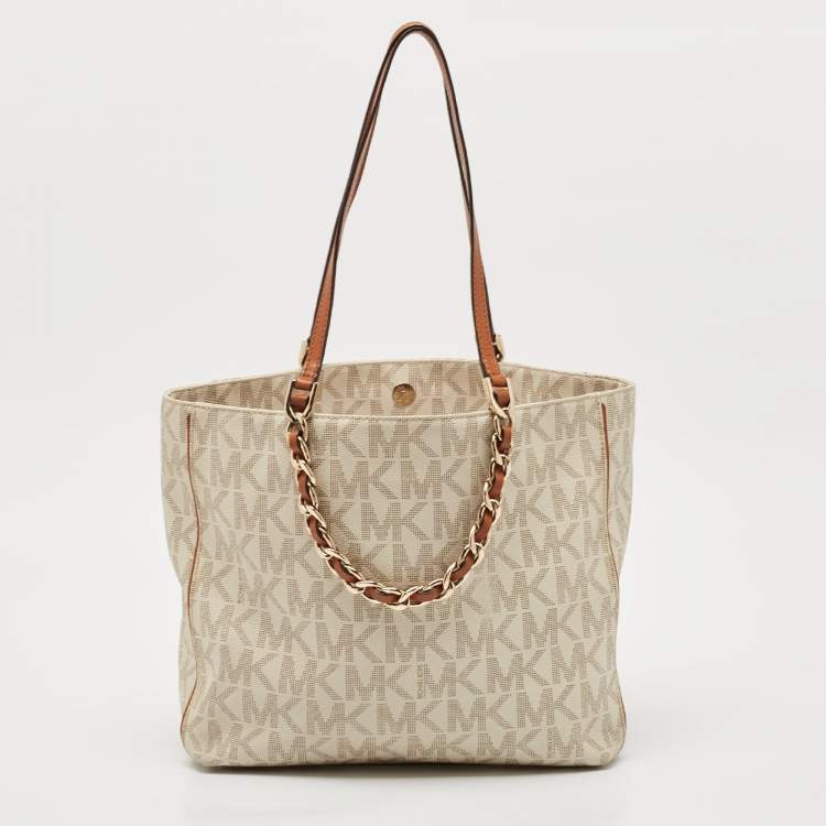 Pre Owned MICHAEL Michael Kors White/Brown Signature Coated Canvas and Leather Shopper Tote