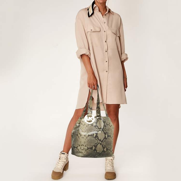 Pre Owned MICHAEL Michael Kors Beige Python Effect Suede Fulton Tote