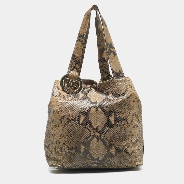 Pre Owned MICHAEL Michael Kors Beige Python Effect Suede Fulton Tote