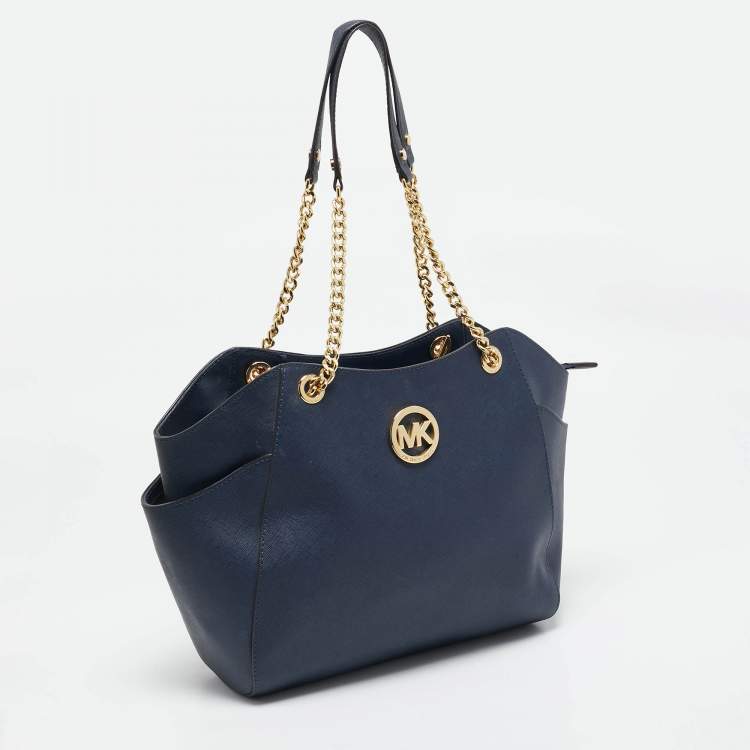 Pre Owned MICHAEL Michael Kors Navy Blue Saffiano Leather Jet Set Travel Chain Shoulder Bag