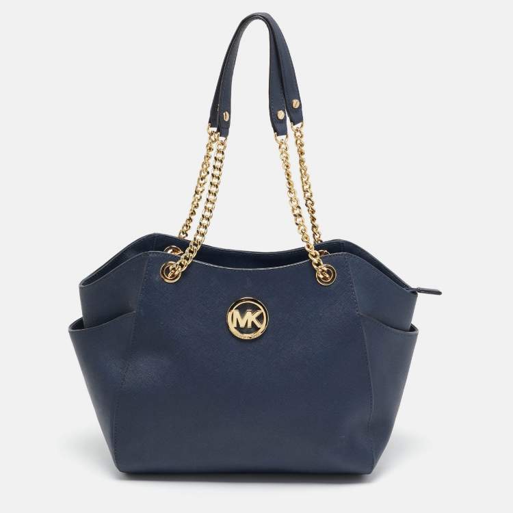 Pre Owned MICHAEL Michael Kors Navy Blue Saffiano Leather Jet Set Travel Chain Shoulder Bag