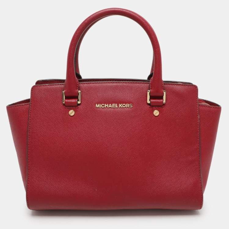 Pre Owned MICHAEL Michael Kors Red Blue Leather Medium Selma Satchel