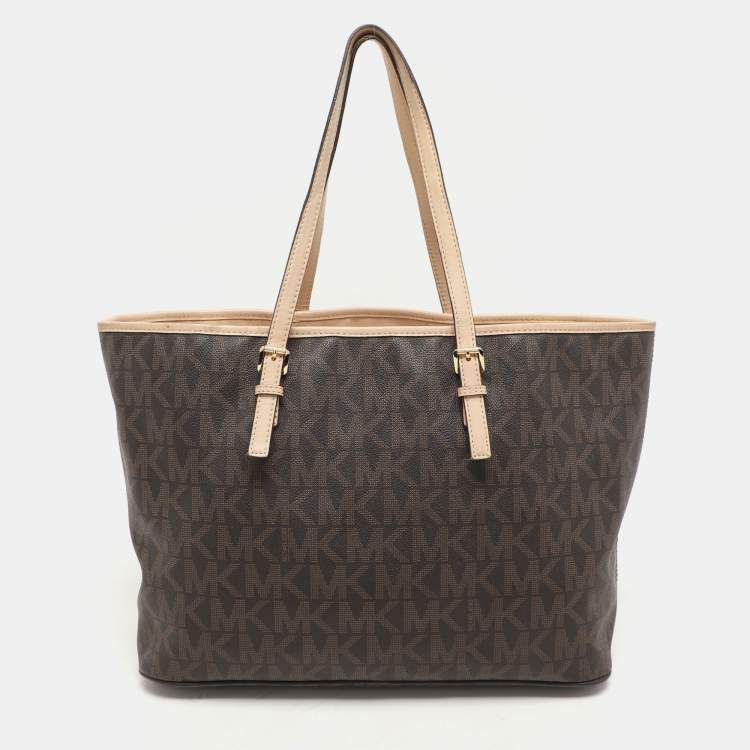 Pre Owned MICHAEL Michael Kors Brown Coated Canvas And Leather Jet Set Travel Tote