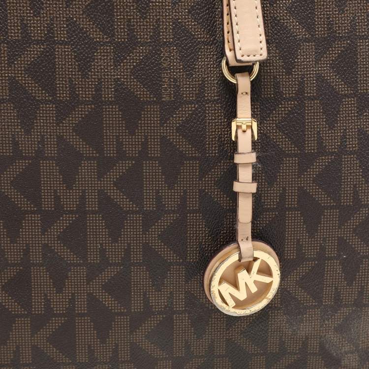Pre Owned MICHAEL Michael Kors Brown Coated Canvas And Leather Jet Set Travel Tote
