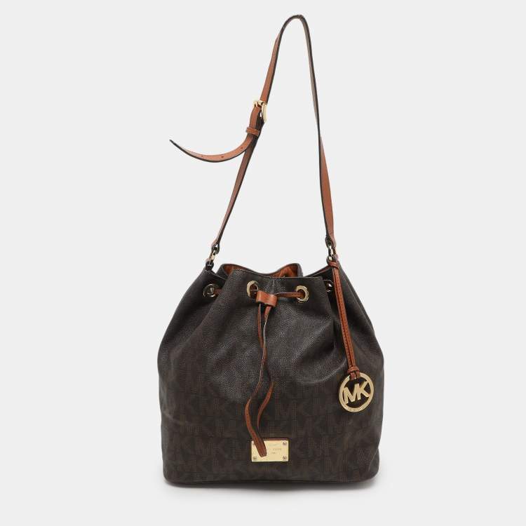 Pre Owned MICHAEL Michael Kors Dark Brown Signature Coated Canvas and Leather Frankie Drawstring Bucket Bag