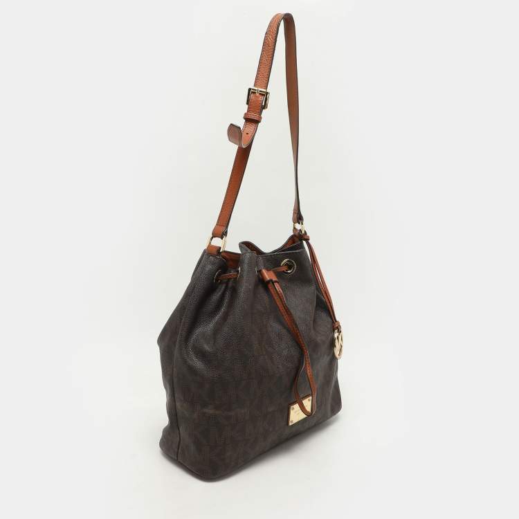 Pre Owned MICHAEL Michael Kors Dark Brown Signature Coated Canvas and Leather Frankie Drawstring Bucket Bag