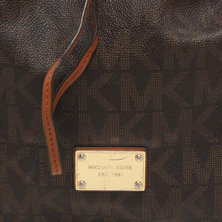 Pre Owned MICHAEL Michael Kors Dark Brown Signature Coated Canvas and Leather Frankie Drawstring Bucket Bag