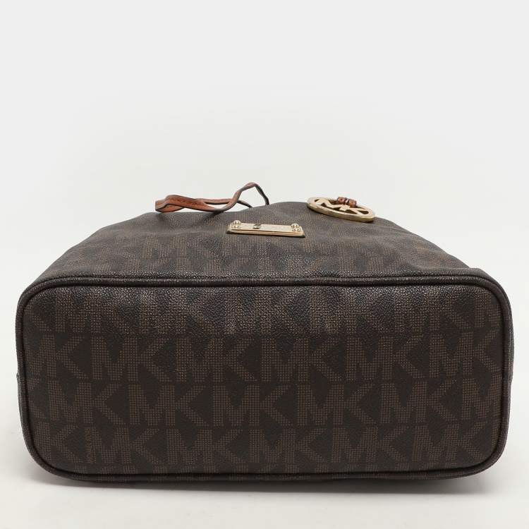 Pre Owned MICHAEL Michael Kors Dark Brown Signature Coated Canvas and Leather Frankie Drawstring Bucket Bag