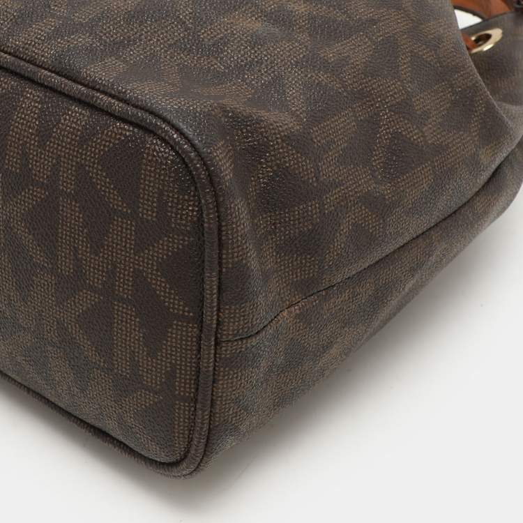 Pre Owned MICHAEL Michael Kors Dark Brown Signature Coated Canvas and Leather Frankie Drawstring Bucket Bag
