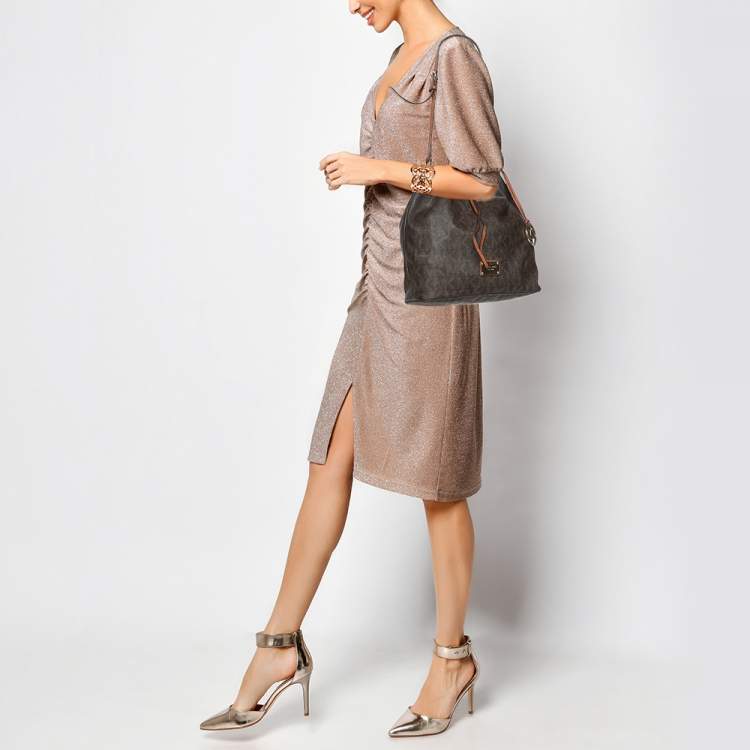 Pre Owned MICHAEL Michael Kors Dark Brown Signature Coated Canvas and Leather Frankie Drawstring Bucket Bag