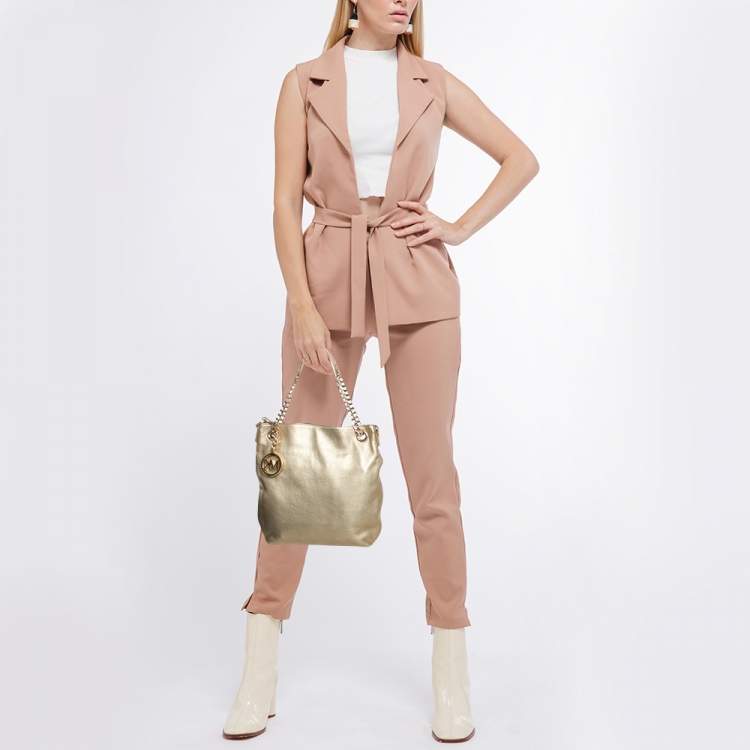 Pre Owned MICHAEL Michael Kors Gold Leather Jet Set Charm Chain Tote