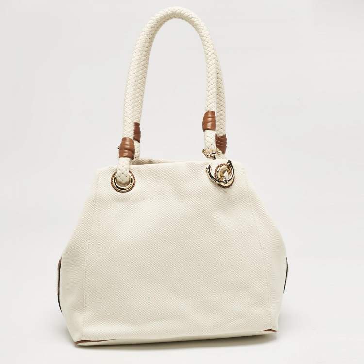 Pre Owned MICHAEL Michael Kors White/Brown Canvas Marina Grab Tote