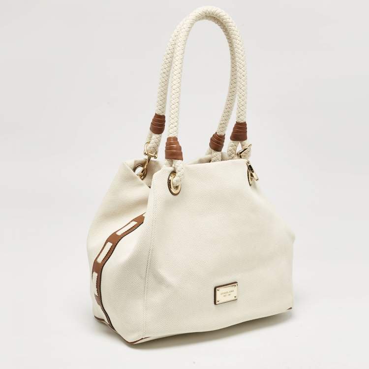 Pre Owned MICHAEL Michael Kors White/Brown Canvas Marina Grab Tote