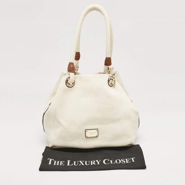 Pre Owned MICHAEL Michael Kors White/Brown Canvas Marina Grab Tote