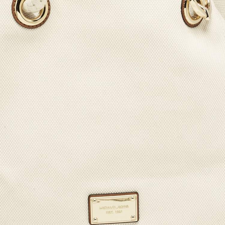 Pre Owned MICHAEL Michael Kors White/Brown Canvas Marina Grab Tote