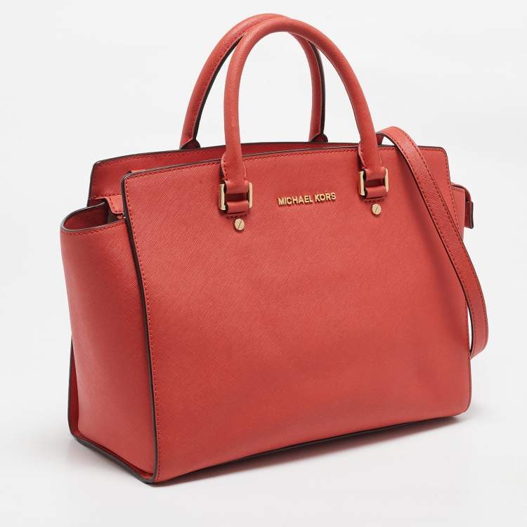 Pre Owned MICHAEL Michael Kors Red Saffiano Leather Large Selma Satchel