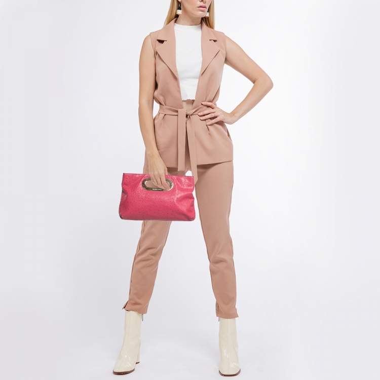 Pre Owned MICHAEL Michael Kors Pink Ostrich Embossed Leather Berkley Clutch