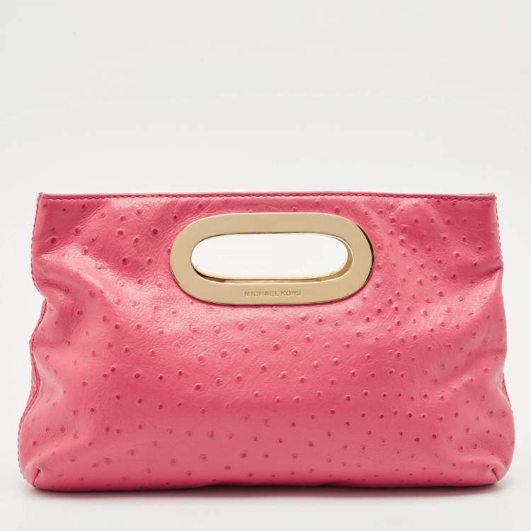 Pre Owned MICHAEL Michael Kors Pink Ostrich Embossed Leather Berkley Clutch