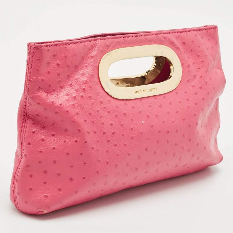 Pre Owned MICHAEL Michael Kors Pink Ostrich Embossed Leather Berkley Clutch