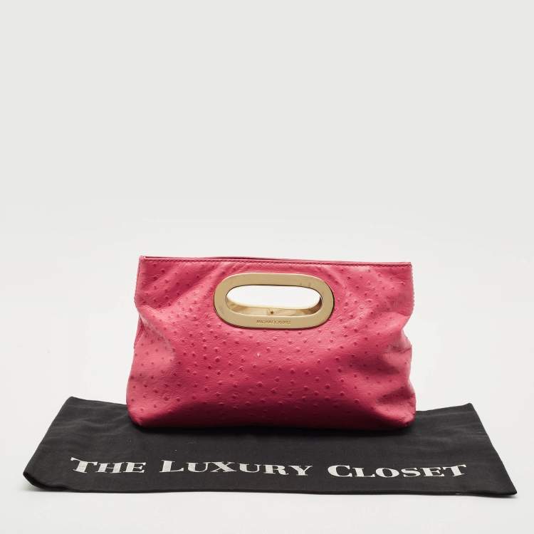 Pre Owned MICHAEL Michael Kors Pink Ostrich Embossed Leather Berkley Clutch