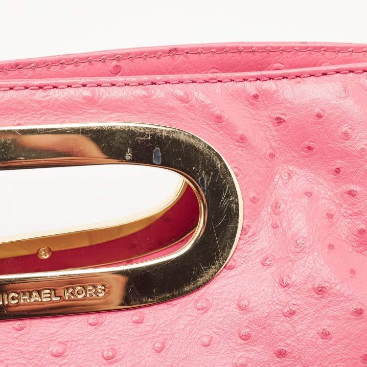 Pre Owned MICHAEL Michael Kors Pink Ostrich Embossed Leather Berkley Clutch