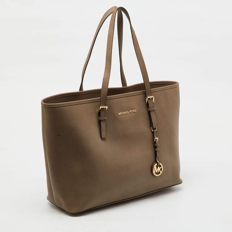 Pre Owned MICHAEL Michael Kors Taupe Beige Saffiano Leather Large Jet Set Tote