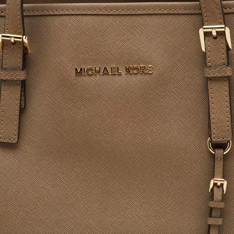 Pre Owned MICHAEL Michael Kors Taupe Beige Saffiano Leather Large Jet Set Tote
