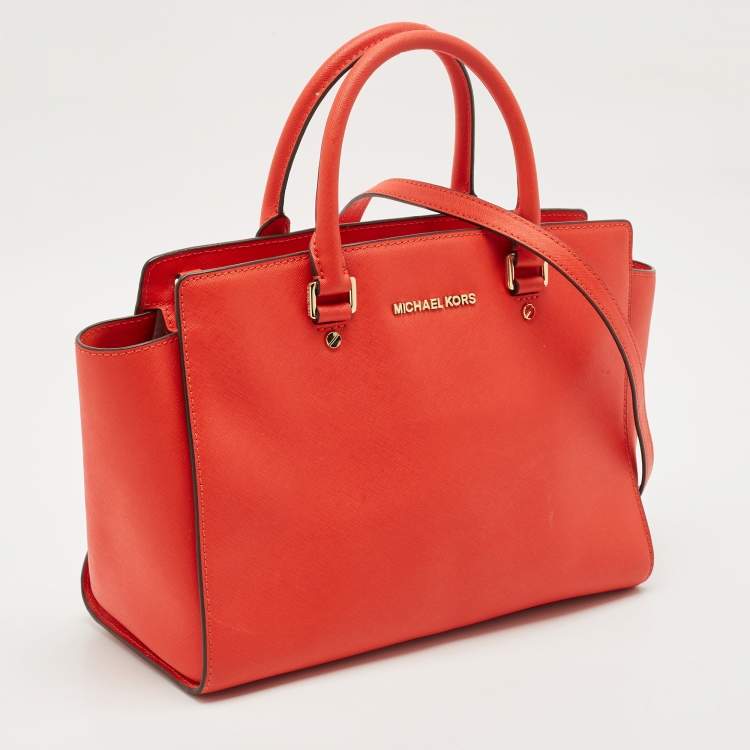 Pre Owned MICHAEL Michael Kors Red Saffiano Leather Large Selma Satchel