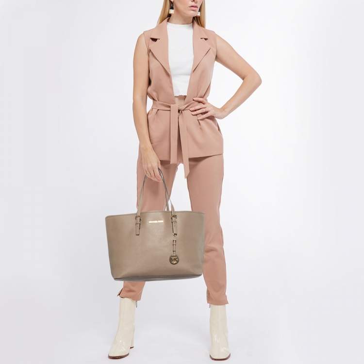 Pre Owned MICHAEL Michael Kors Brown Saffiano Leather Large Jet Set Travel Tote