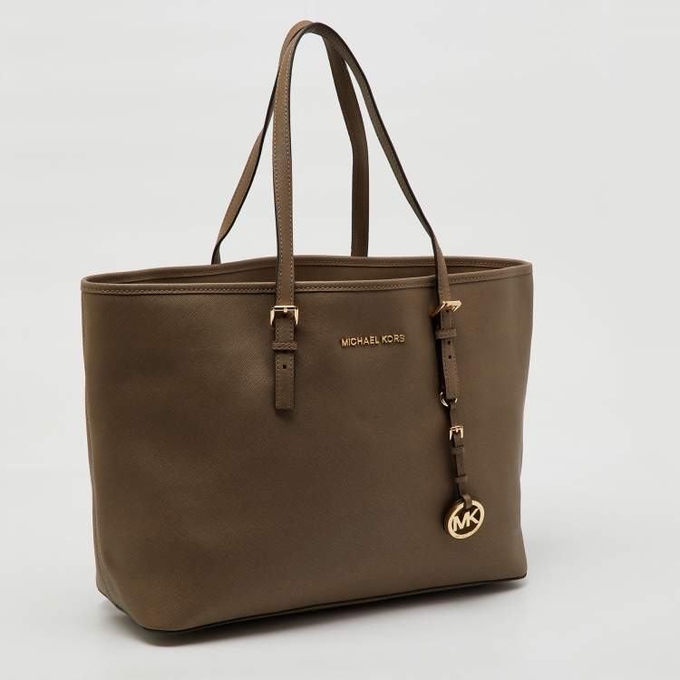 Pre Owned MICHAEL Michael Kors Brown Saffiano Leather Large Jet Set Travel Tote