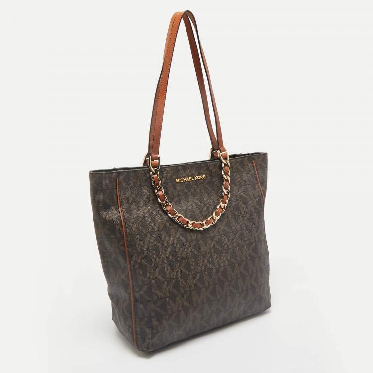 Pre Owned MICHAEL Michael Kors Brown Signature Coated Canvas North/South Harper Tote