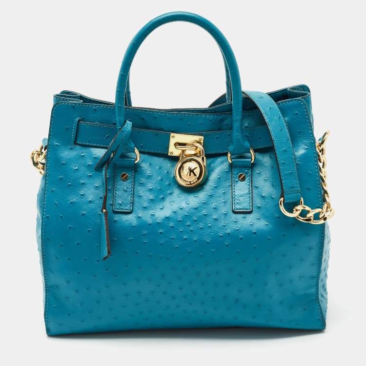 Pre Owned MICHAEL Michael Kors Blue Ostrich Embossed Leather Large North South Hamilton Tote
