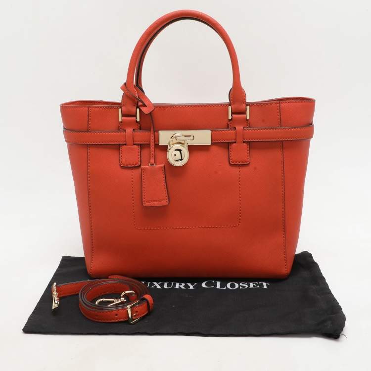 Pre Owned MICHAEL Michael Kors Orange Leather Medium Hamilton Tote