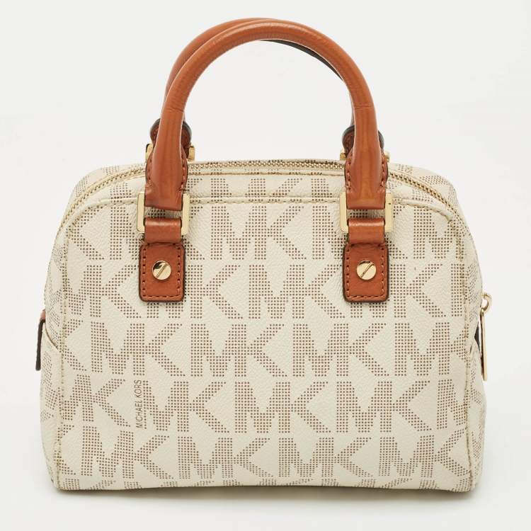Pre Owned MICHAEL Michael Kors White Signature Coated Canvas Mini Jet Set Travel Satchel