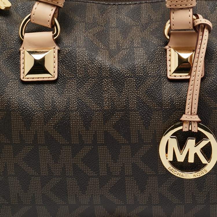 Pre Owned MICHAEL Michael Kors Brown/Beige Signature Coated Canvas and Leather Grayson Boston Bag