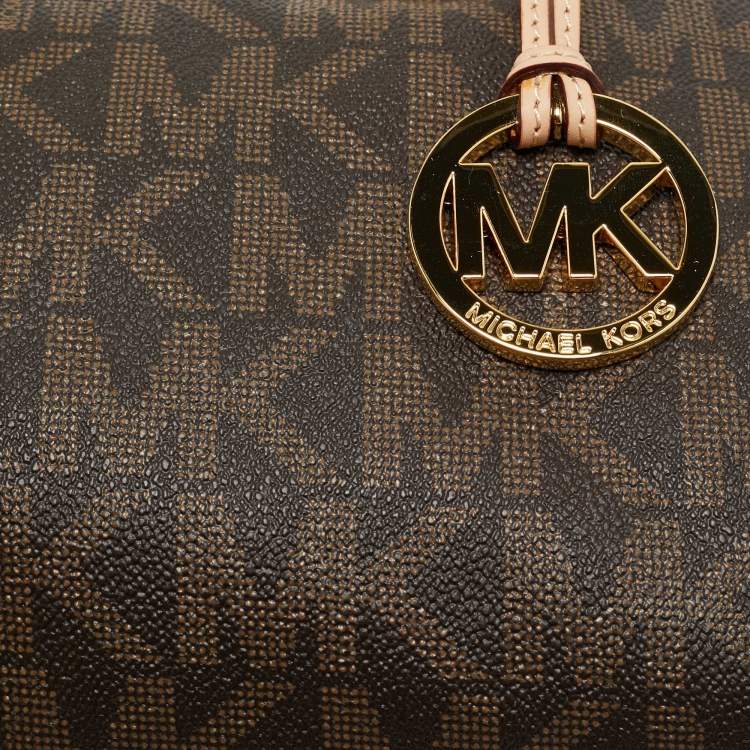 Pre Owned MICHAEL Michael Kors Brown/Beige Signature Coated Canvas and Leather Grayson Boston Bag