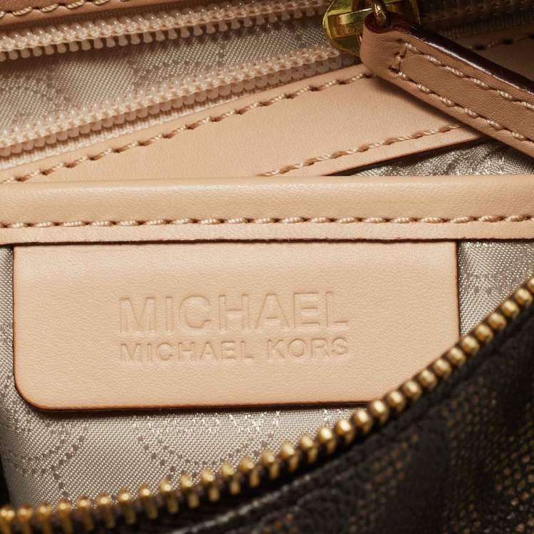 Pre Owned MICHAEL Michael Kors Brown/Beige Signature Coated Canvas and Leather Grayson Boston Bag