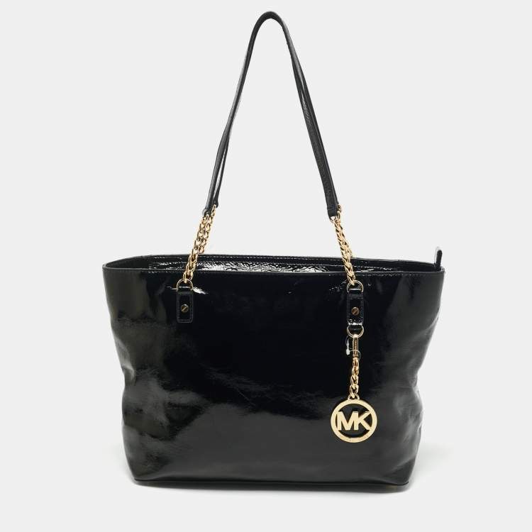 Pre Owned MICHAEL Michael Kors Black Patent Leather Jet Set Chain Tote
