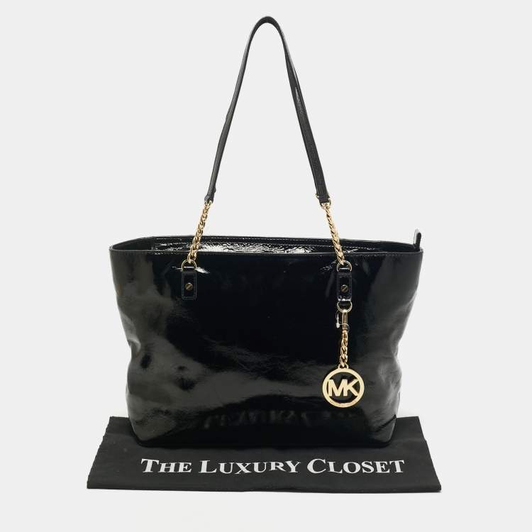 Pre Owned MICHAEL Michael Kors Black Patent Leather Jet Set Chain Tote