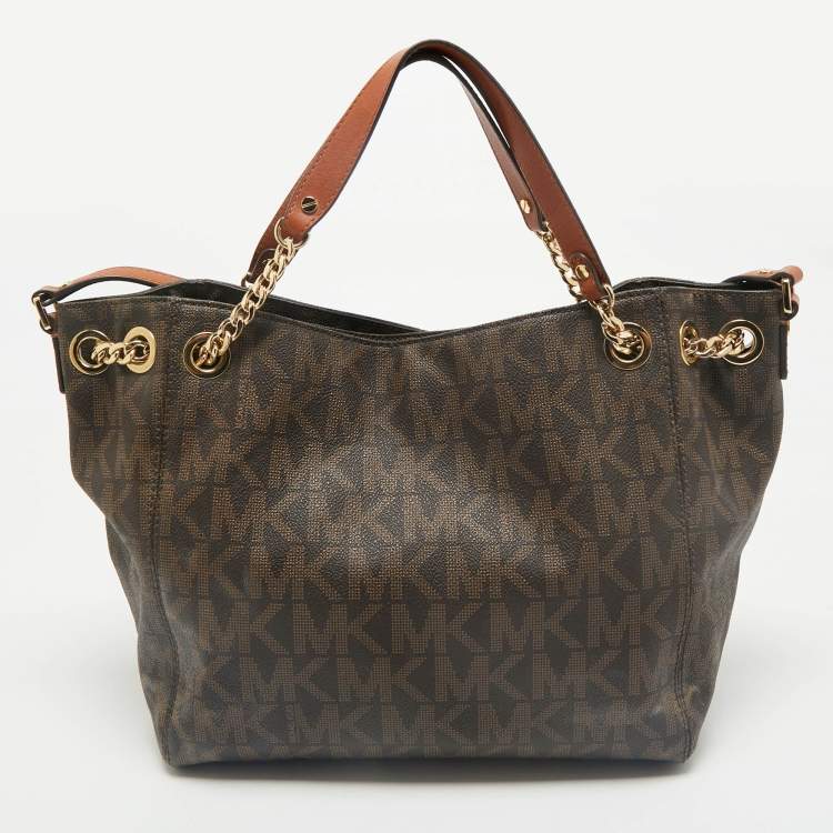 Pre Owned MICHAEL Michael Kors Brown Signature Coated Canvas Jet Set Chain Tote