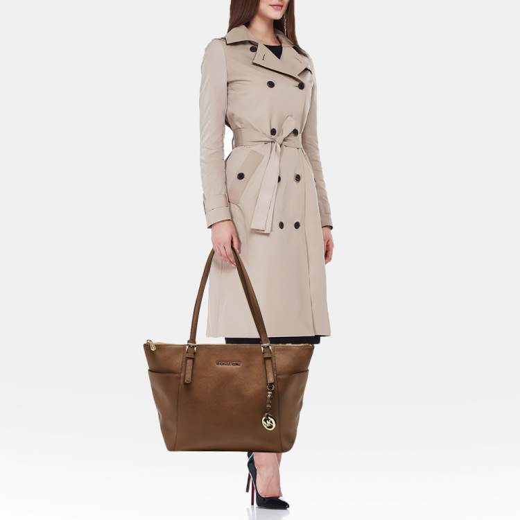 Pre Owned MICHAEL Michael Kors Brown Leather Jet Set Top Zip Tote