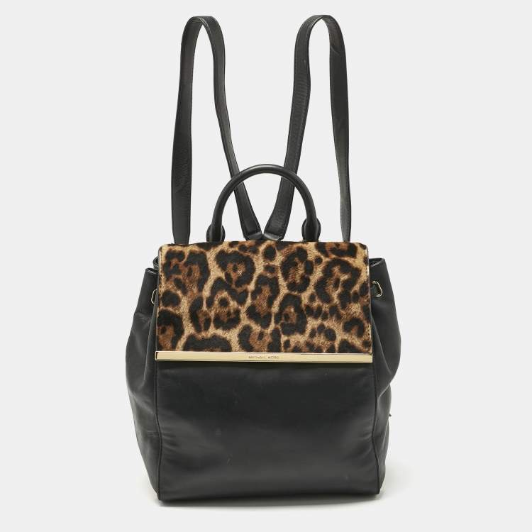 Pre Owned MICHAEL Michael Kors Black/Brown Leopard Print Calfhair and Leather Lana Backpack