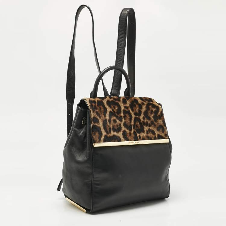 Pre Owned MICHAEL Michael Kors Black/Brown Leopard Print Calfhair and Leather Lana Backpack