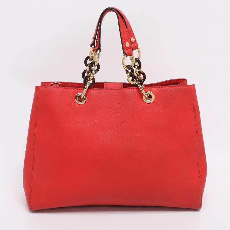 Pre Owned MICHAEL Michael Kors Red Blue Leather Cynthia Tote