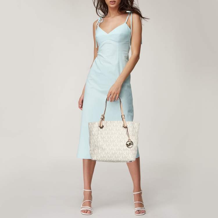 Pre Owned MICHAEL Michael Kors Off White/Beige Signature Coated Canvas and Leather Jet Set East West Tote