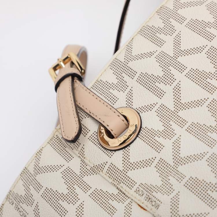 Pre Owned MICHAEL Michael Kors Off White/Beige Signature Coated Canvas and Leather Jet Set East West Tote