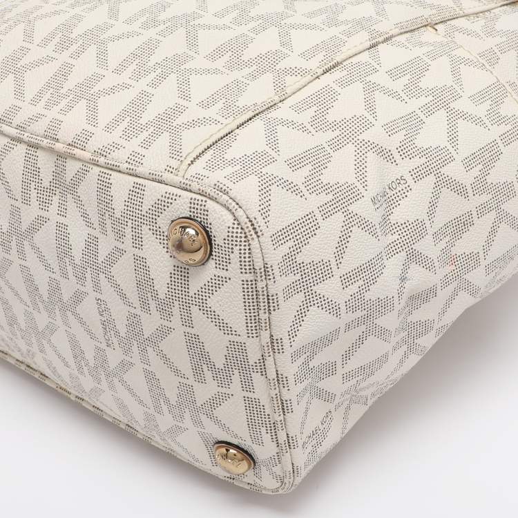 Pre Owned MICHAEL Michael Kors Off White/Beige Signature Coated Canvas and Leather Jet Set East West Tote