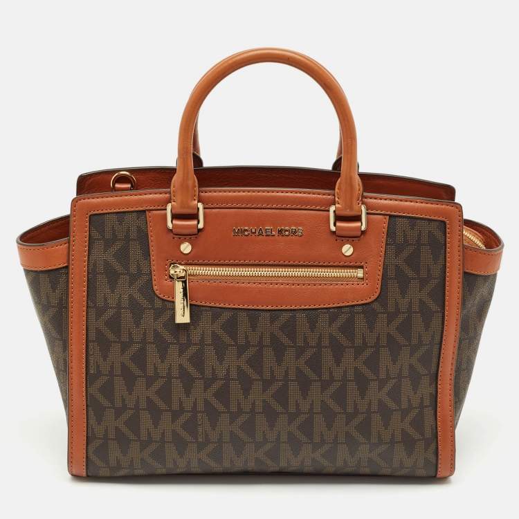 Pre Owned MICHAEL Michael Kors Brown Signature Coated Canvas And Leather Large Selma Tote